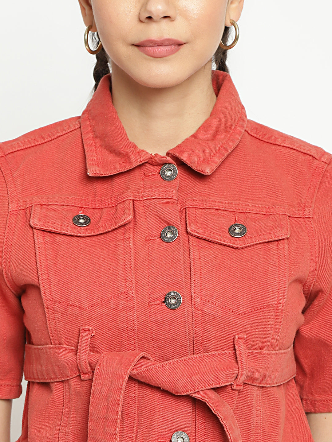 Women Rust Cropped Denim Jacket With Belt