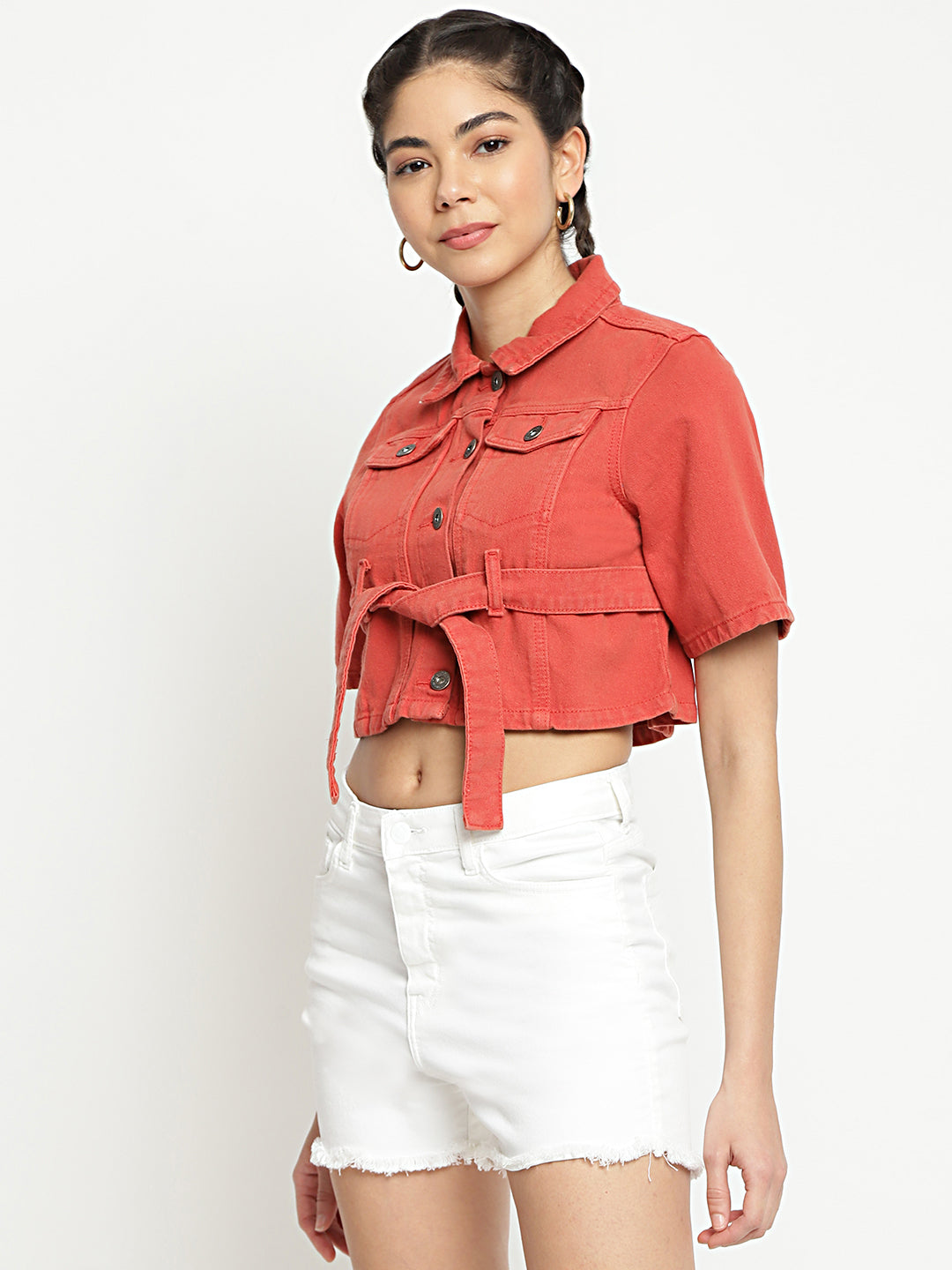 Women Rust Cropped Denim Jacket With Belt