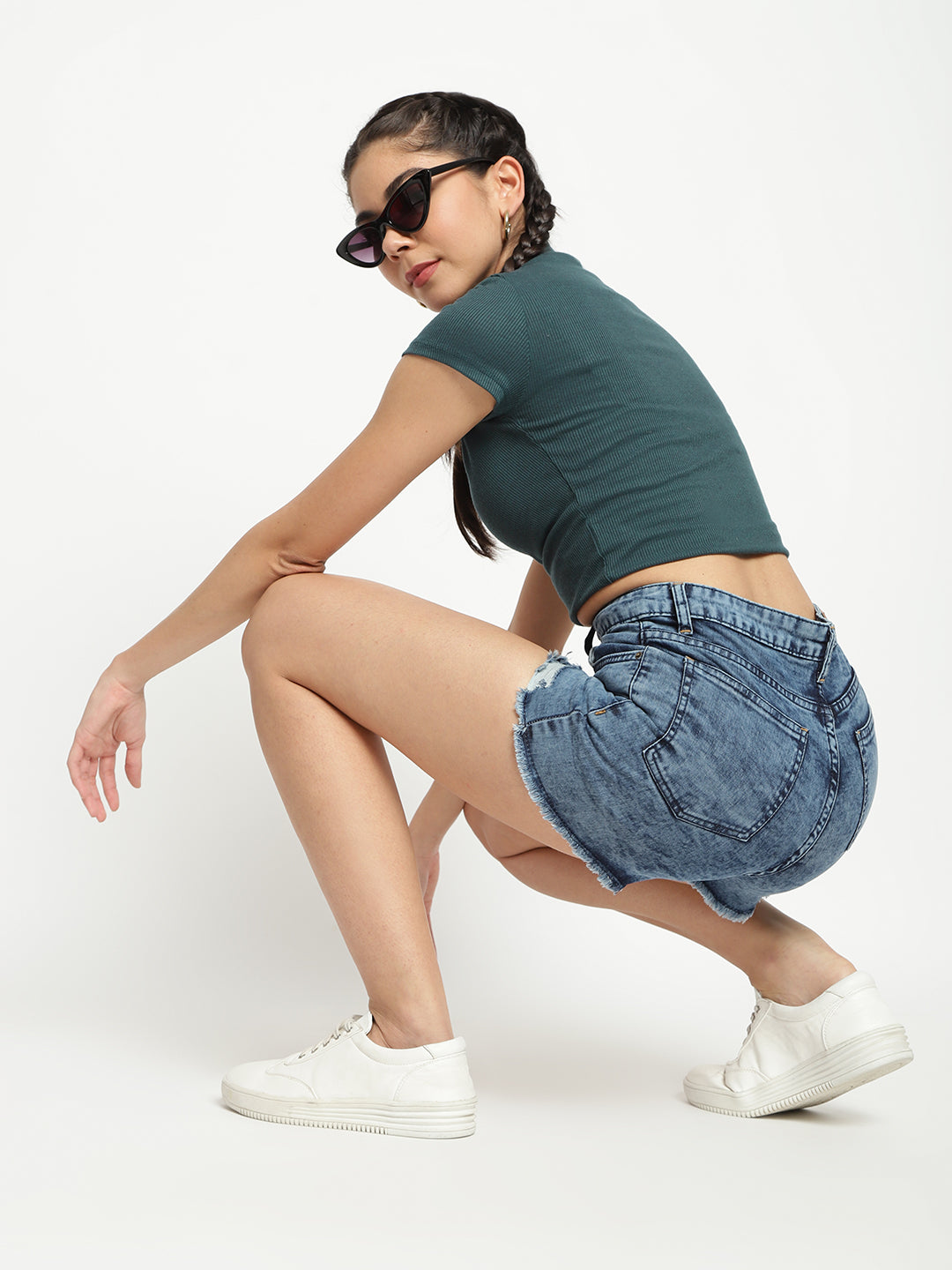 Women High Waist Mid Blue Whiskered Denim Shorts