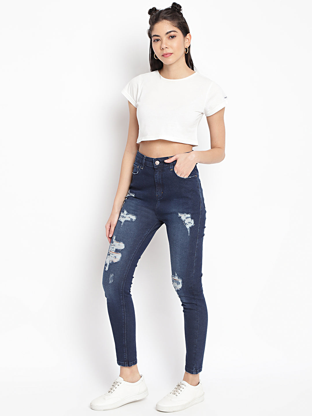 Women High Waist Dark Blue Distressed Slim Fit Denim Jeans