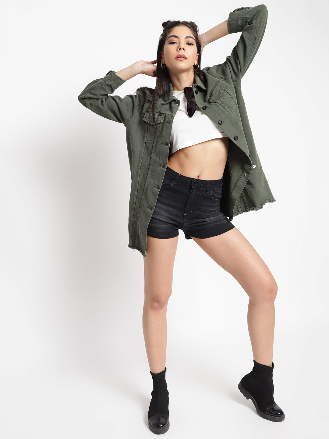 Women Olive Long Denim Jacket With Frey Hem