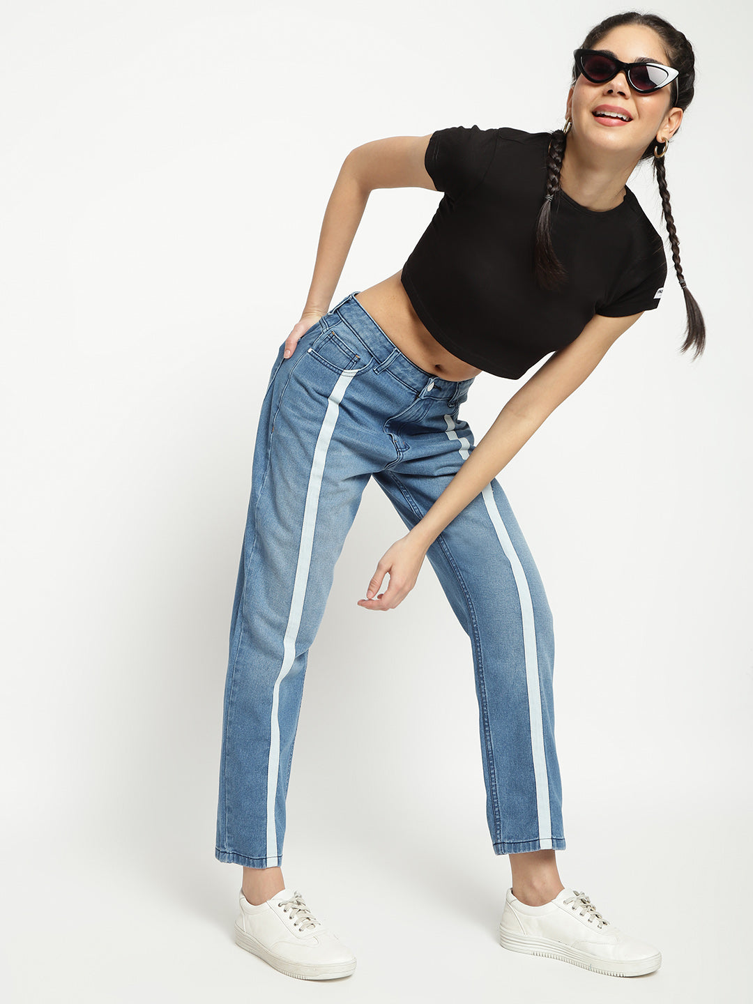 Women High Waist Tape Detail Mid Blue Mom Fit Denim Jeans