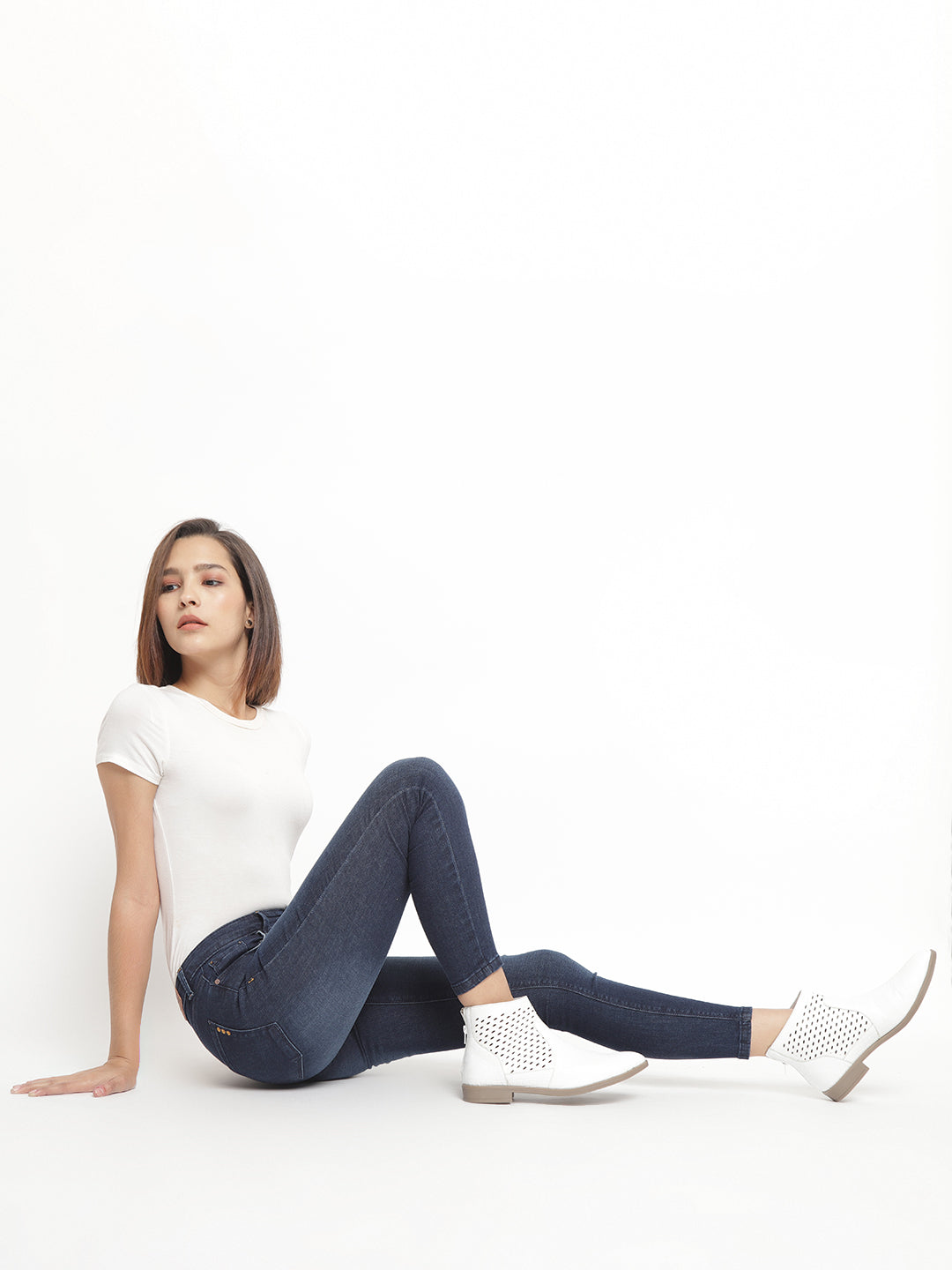 Women Mid Waist Dark Blue Super Skinny Jeans