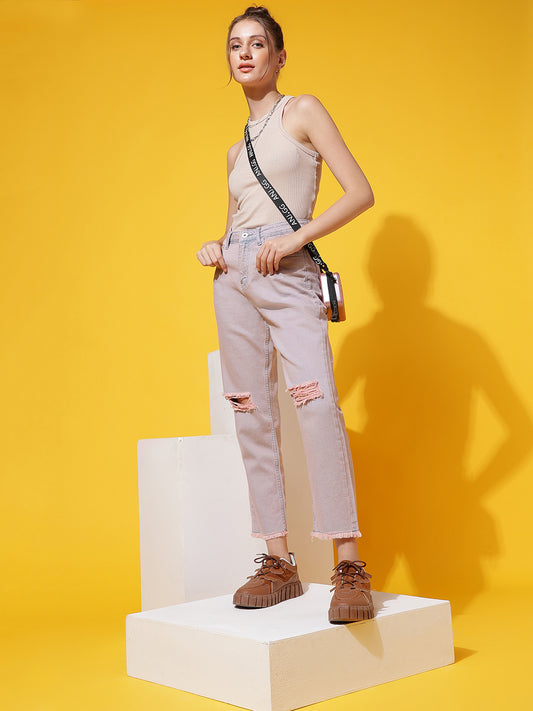 Pink Boyfriend Fit Distressed Jeans