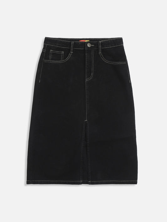 Black Denim Knee-Length Skirt