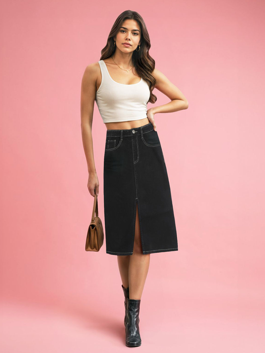 Black Denim Knee-Length Skirt