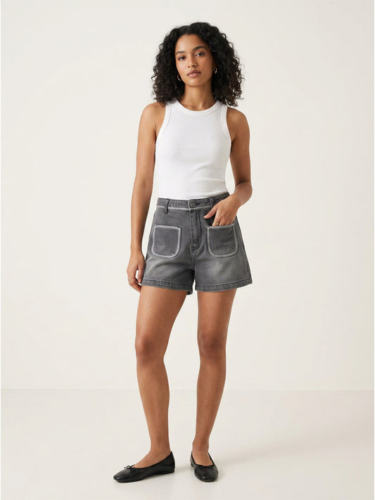 Grey Regular Fit Denim Washed Shorts