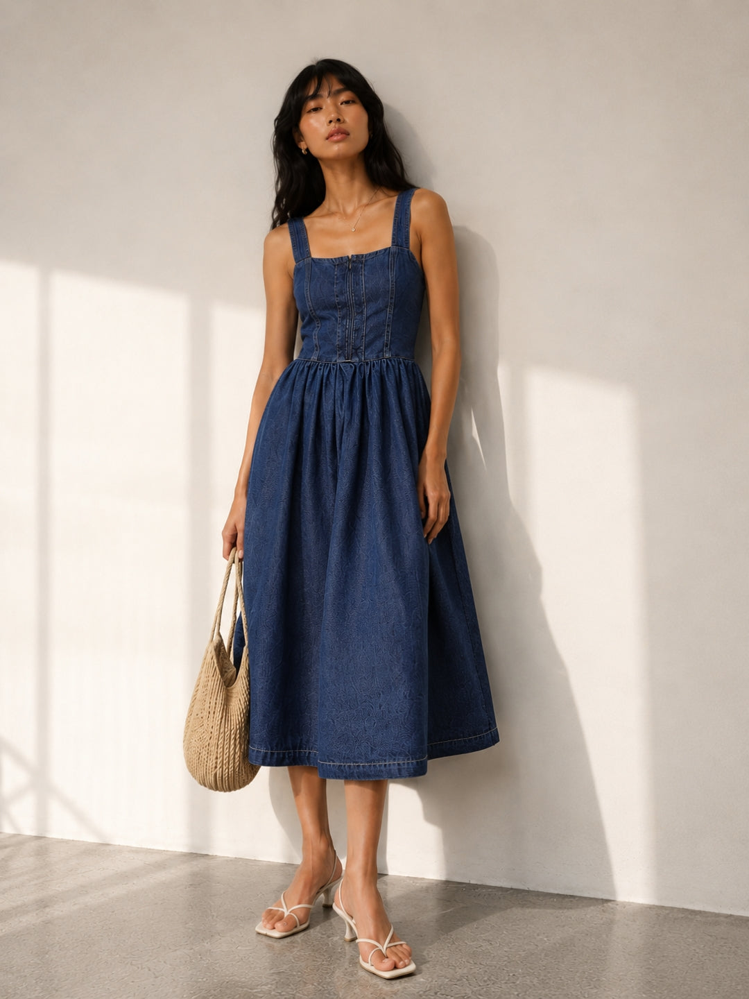 Dark Blue Corset Fit Denim Maxi Dress