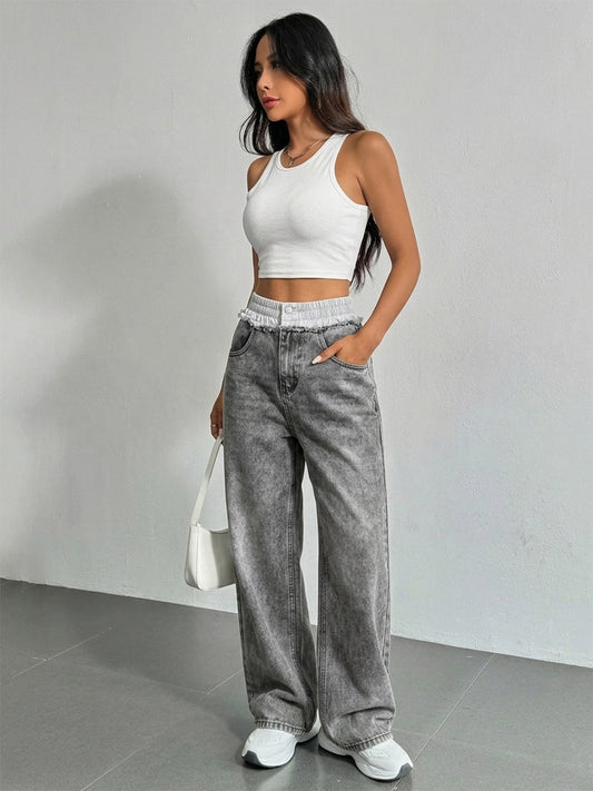 Grey Baggy Fit Denim Washed Jeans