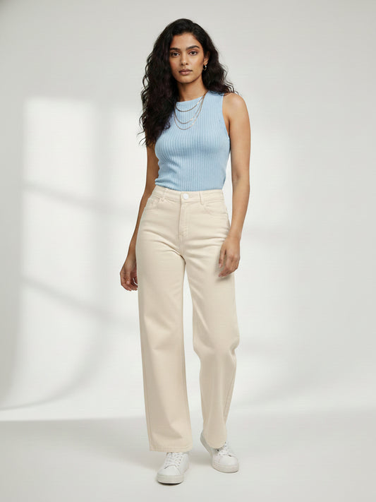 Beige Denim Solid Relaxed Fit Jeans