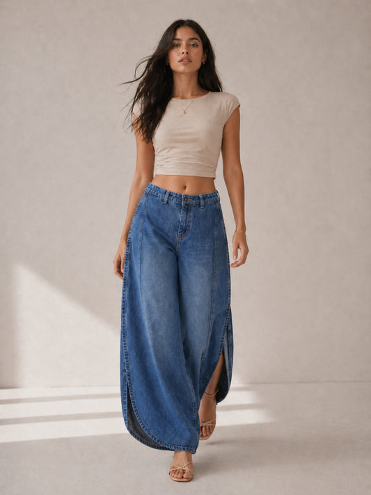 Light Blue Slit Cut Relaxed Fit Denim Jeans