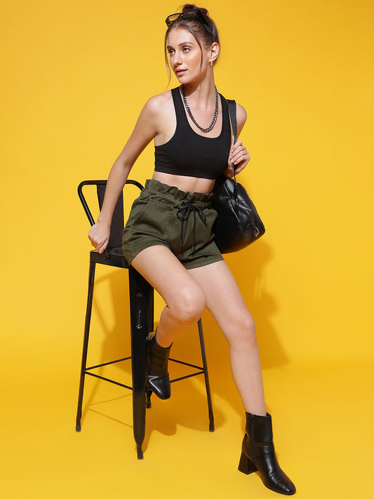 Green High Rise Paper Bag Shorts
