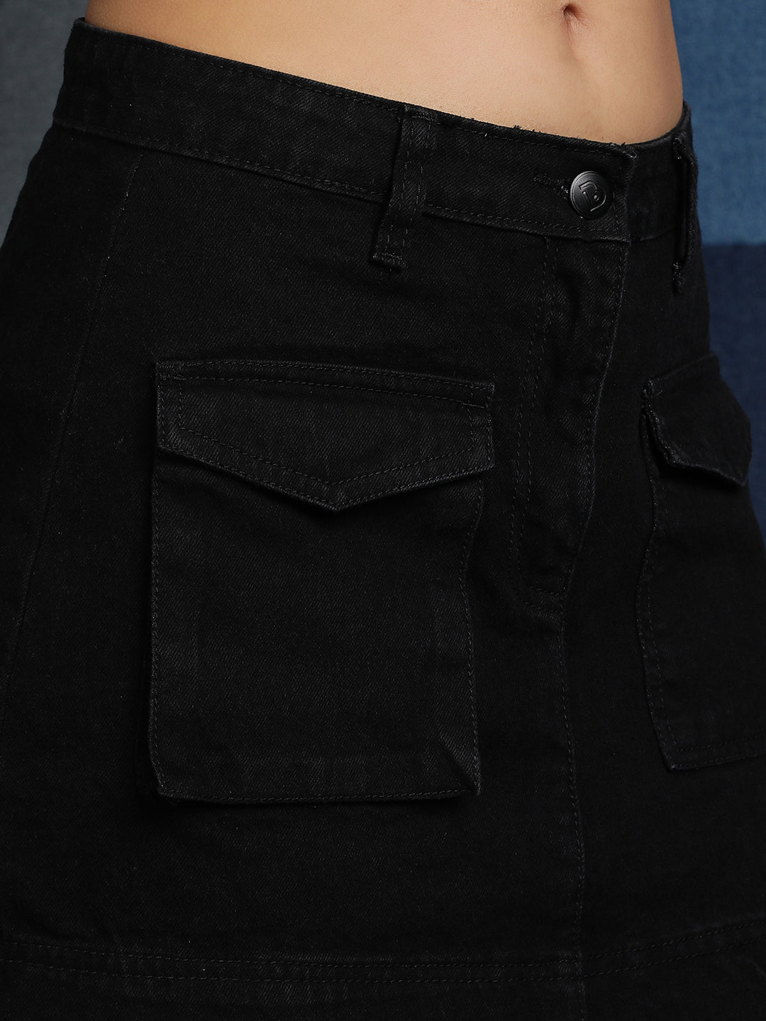 Black Solid Denim Skirts