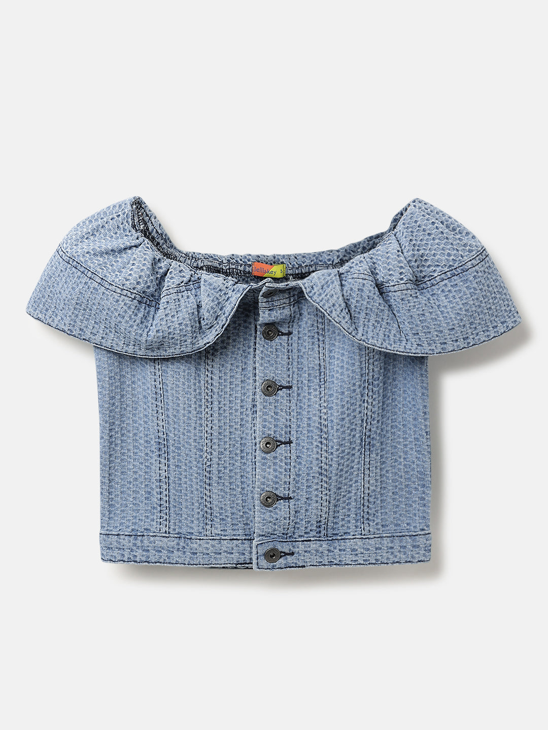 Blue Denim Woven Textured Cropped Top