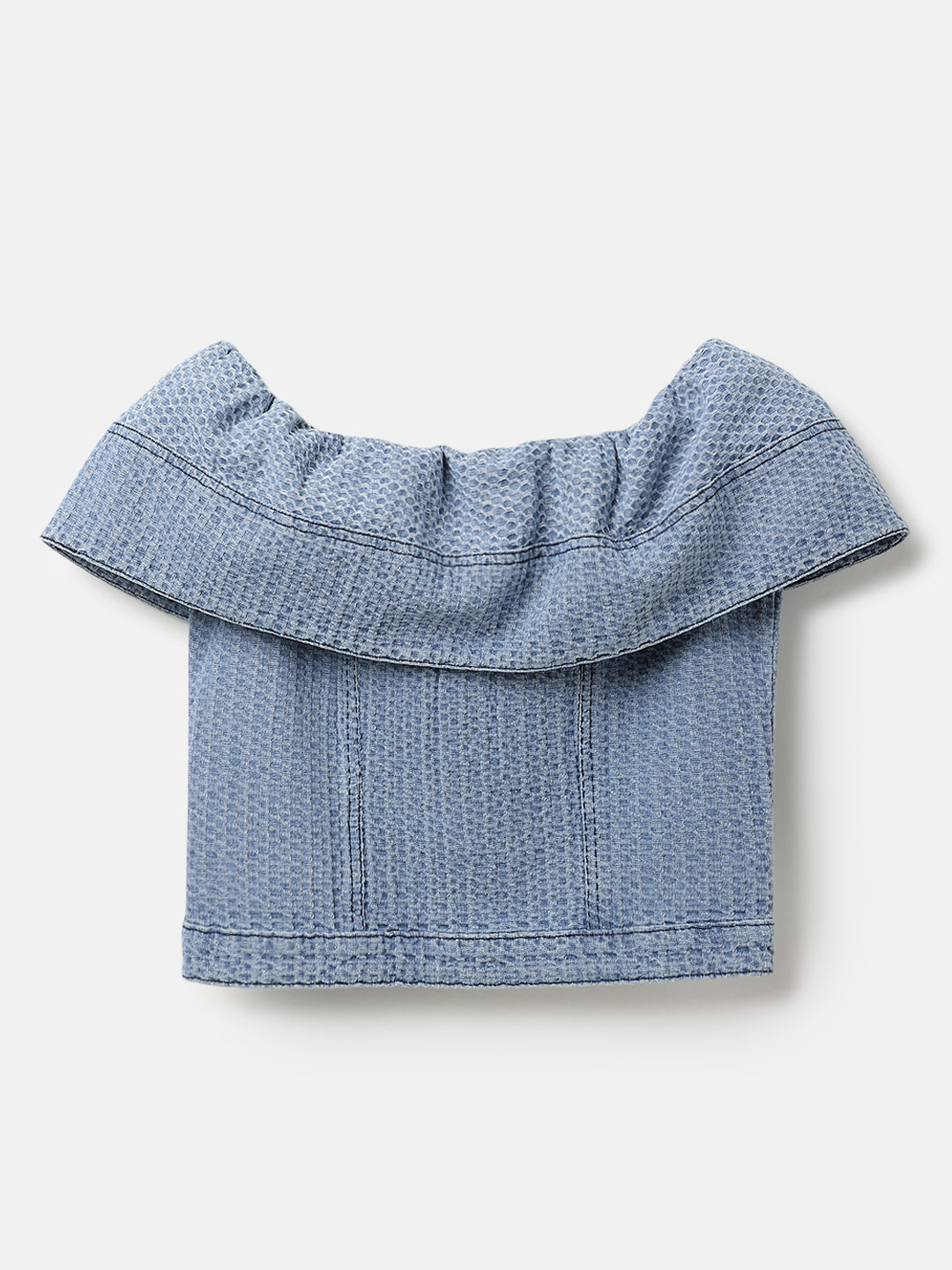 Blue Denim Woven Textured Cropped Top