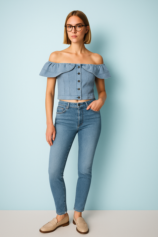 Blue Denim Woven Textured Cropped Top