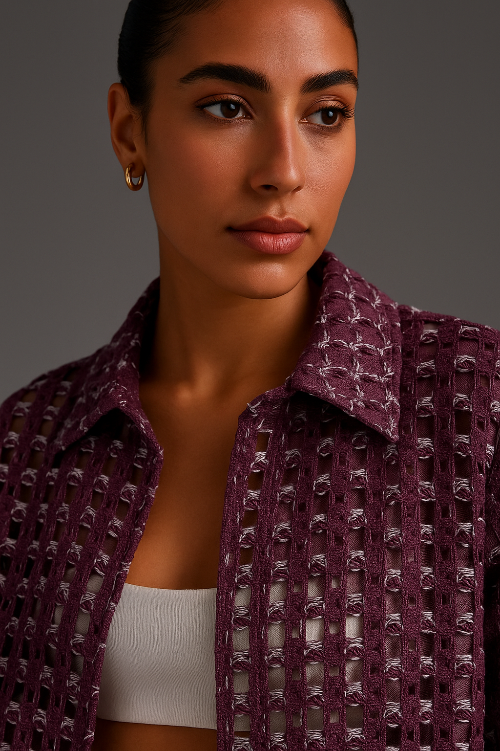 Maroon Denim Regular Fit Cropped Shirt