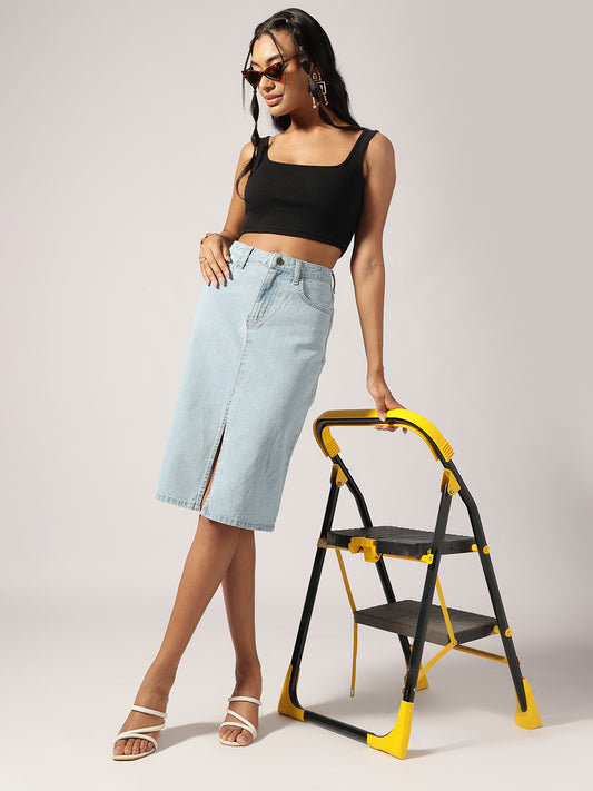 Light Blue Denim Knee-Length Skirt