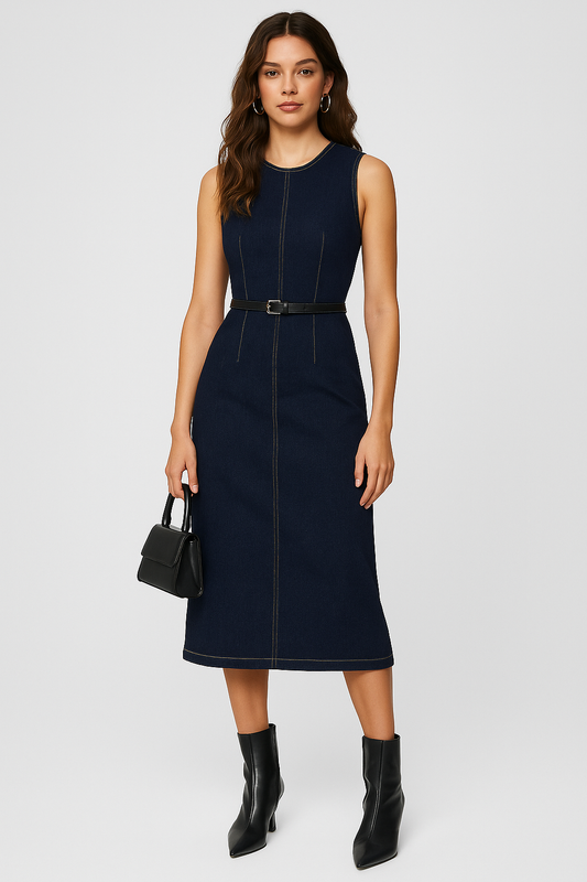 Dark Blue Denim Midi Dress