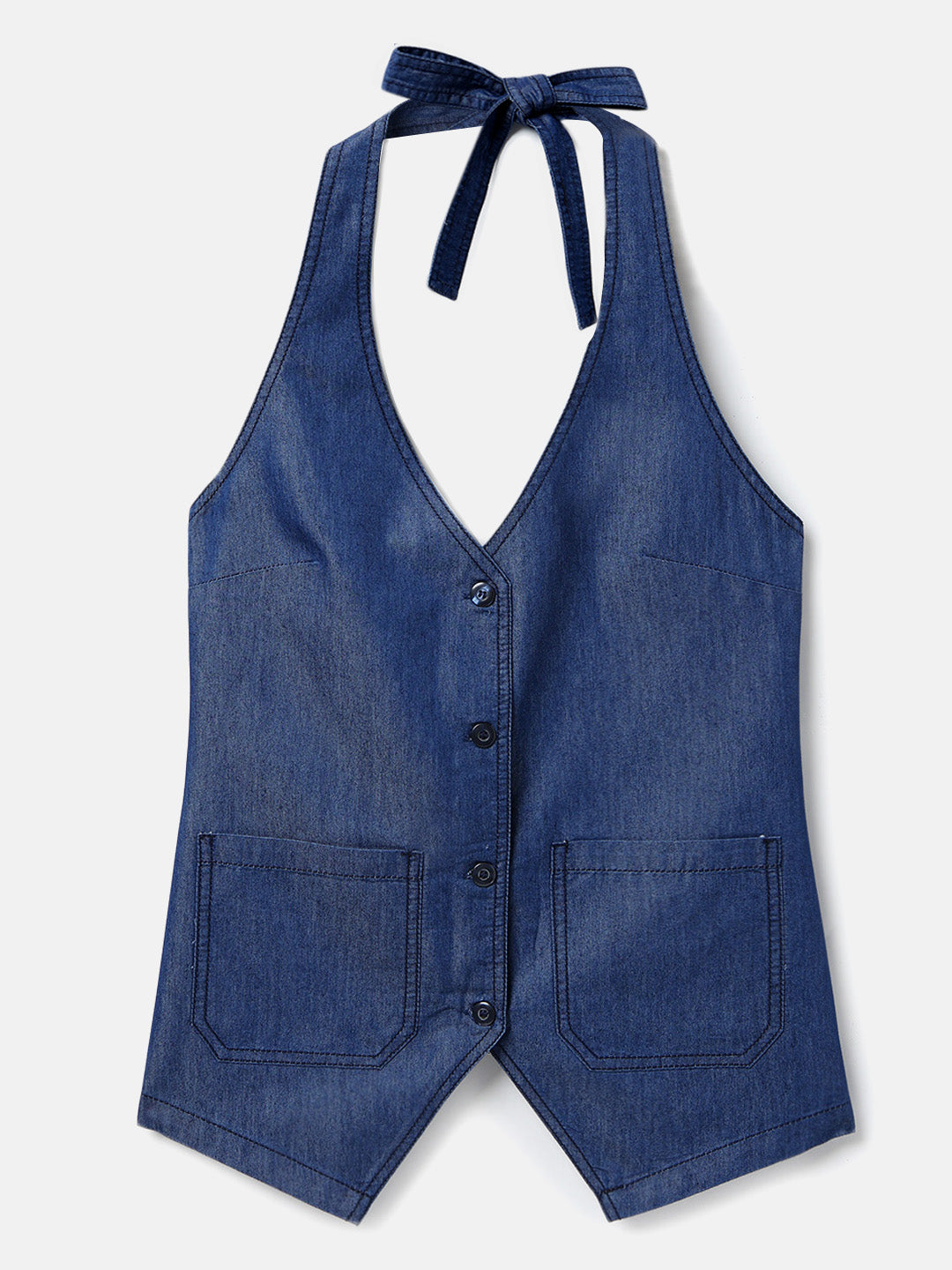 Blue Denim Solid Waistcoat Top