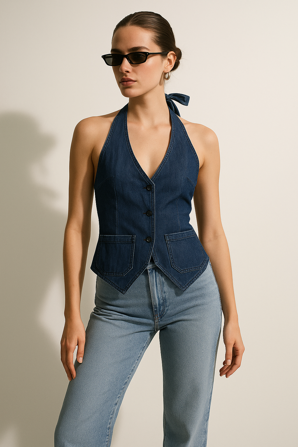 Blue Denim Solid Waistcoat Top
