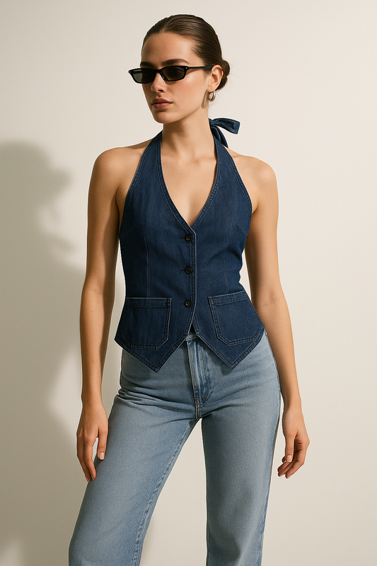 Blue Denim Solid Waistcoat Top