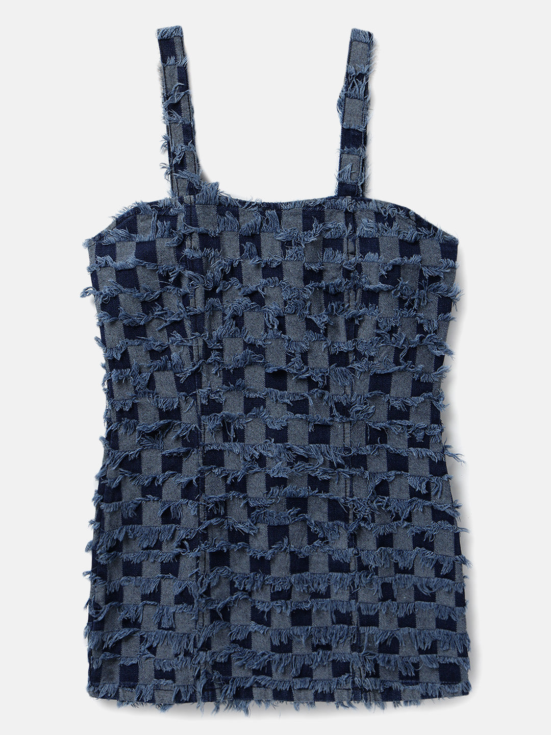 Dark Blue Above Knee Checked Denim Dress