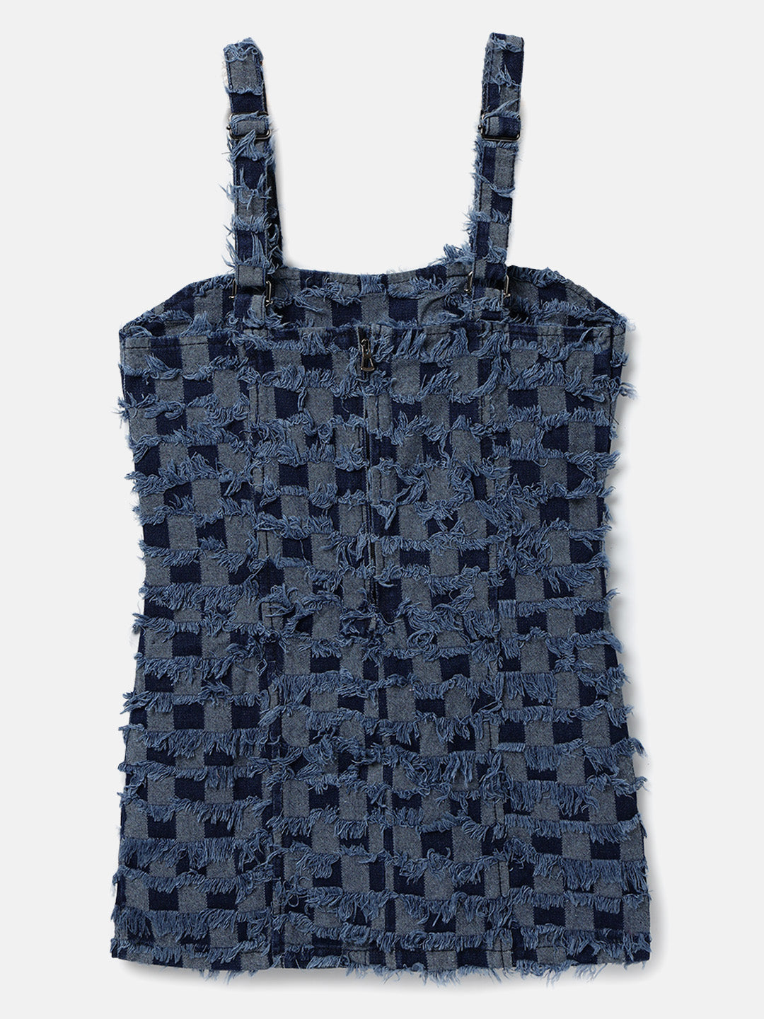 Dark Blue Above Knee Checked Denim Dress