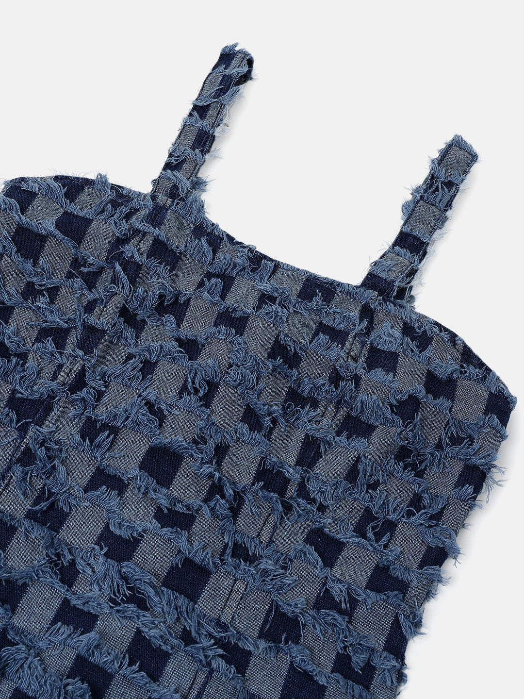 Dark Blue Above Knee Checked Denim Dress