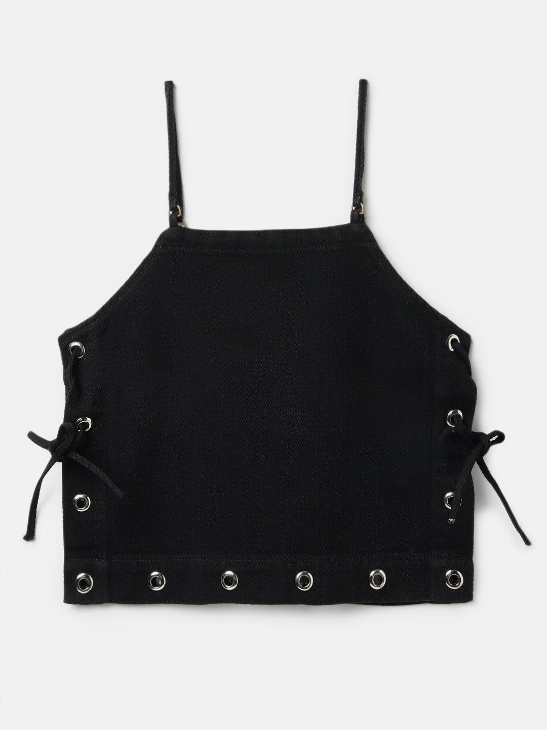 Black Denim Solid Cropped Top