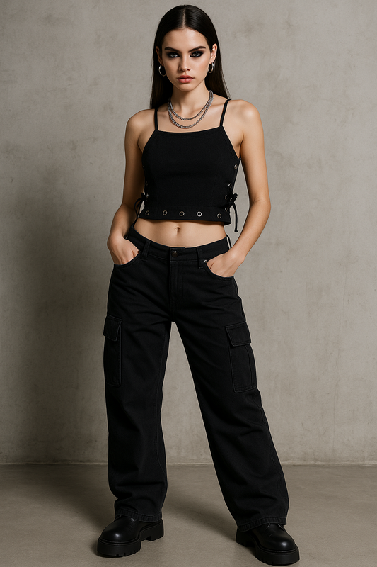 Black Denim Solid Cropped Top
