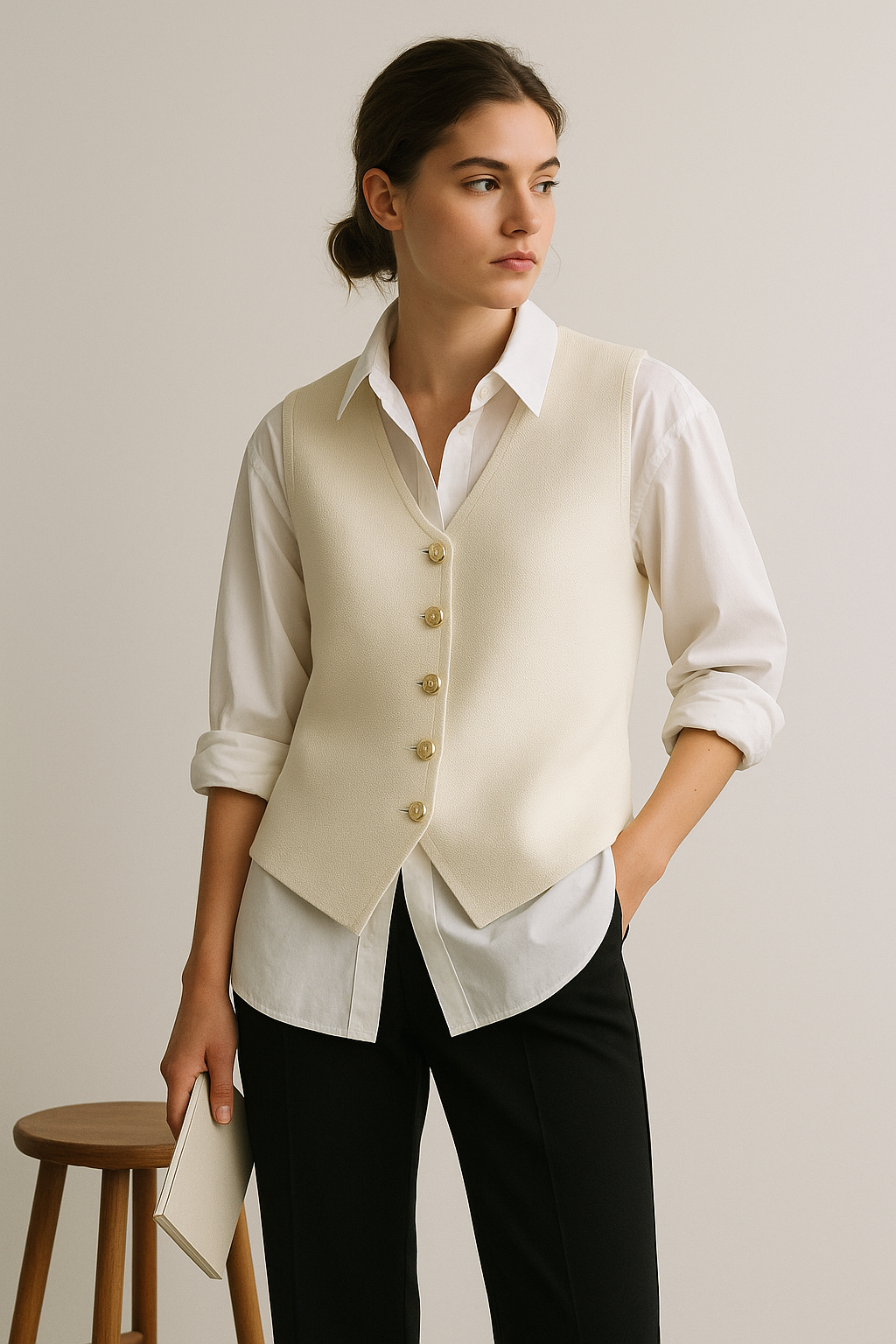 Cream Polyester Sleeveless Top
