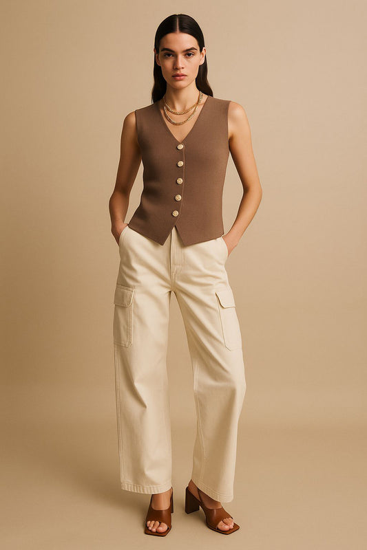 Brown Polyester Sleeveless Top