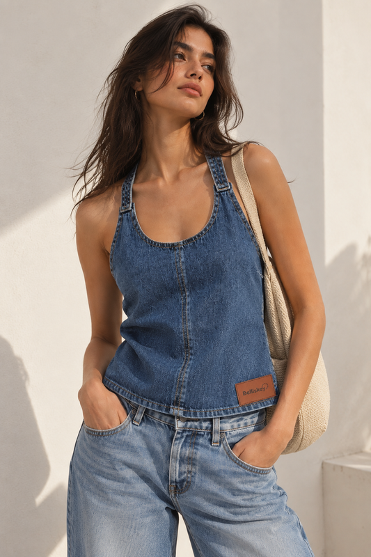Blue Denim Scoop Neck Sleeveless Crop Top with Back Buckle