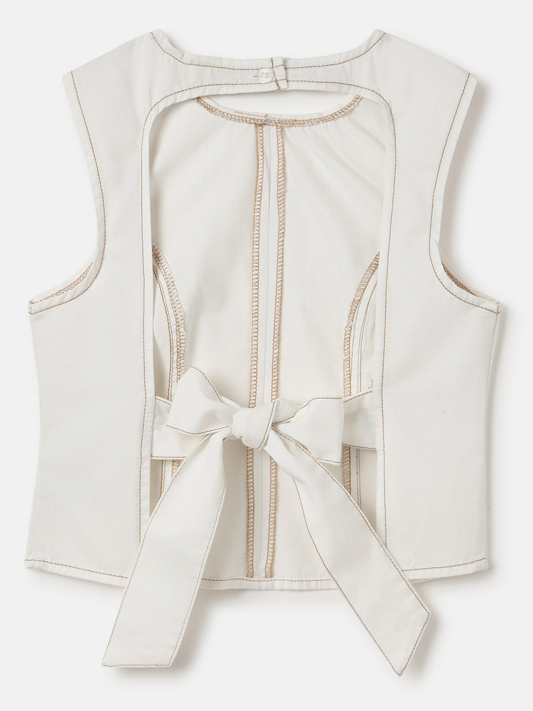 White Round Neck Sleeveless Top with Open Back Bow Tie