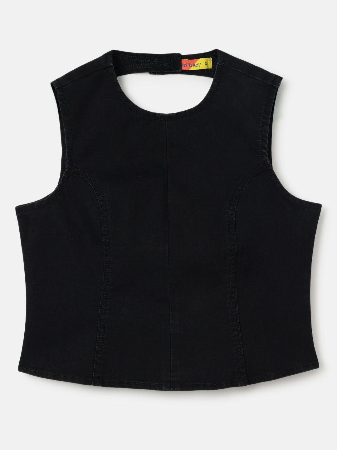 Black Round Neck Sleeveless Top with Open Back Bow Detail