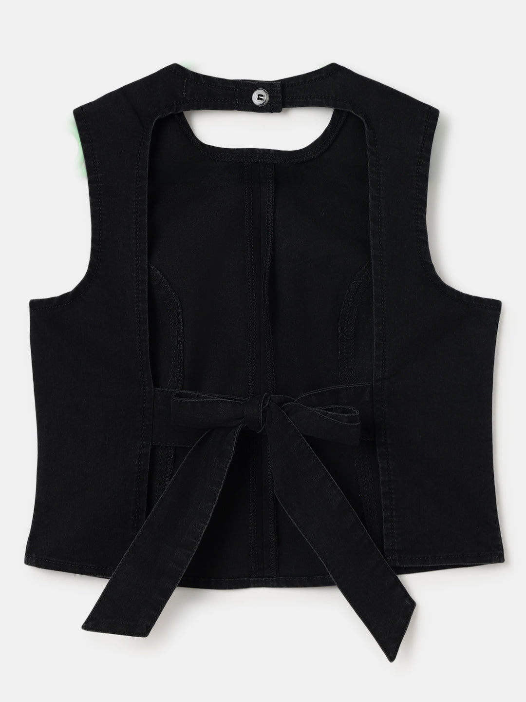 Black Round Neck Sleeveless Top with Open Back Bow Detail