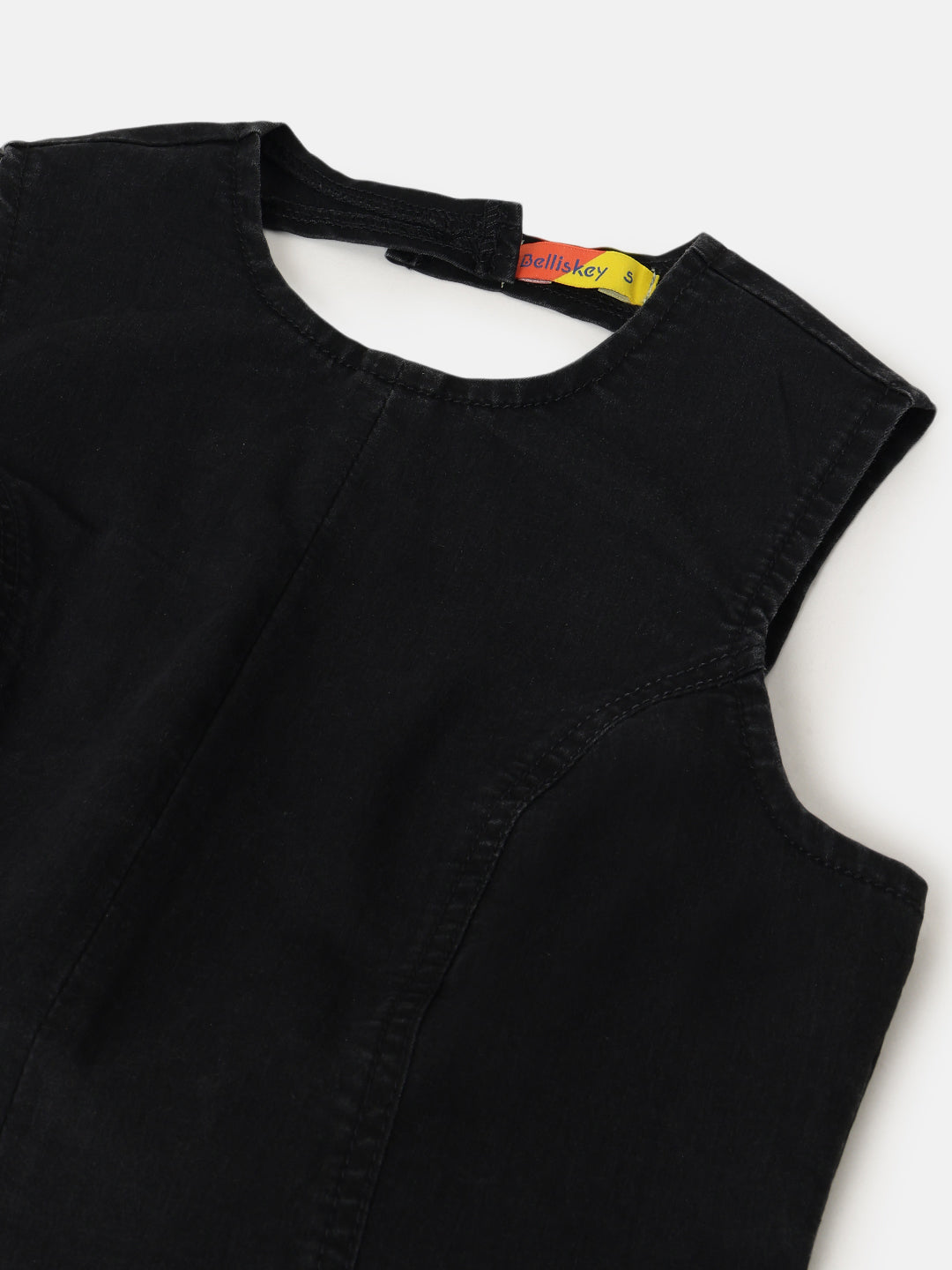 Black Round Neck Sleeveless Top with Open Back Bow Detail