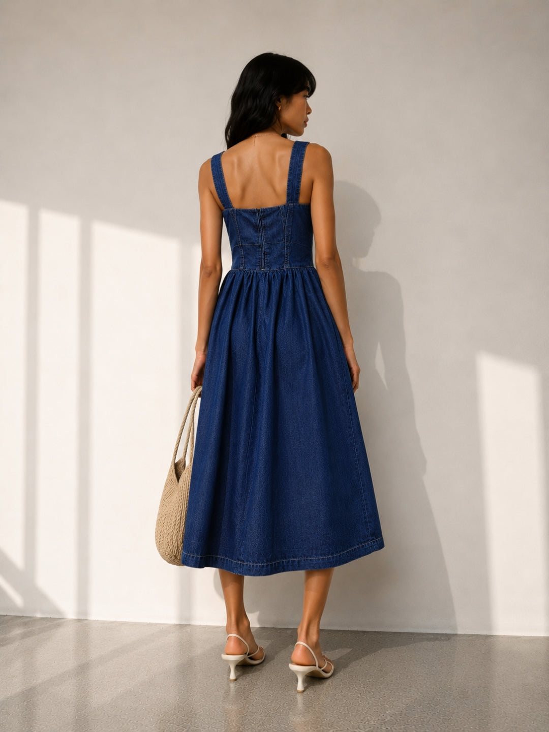 Dark Blue Corset Fit Denim Maxi Dress