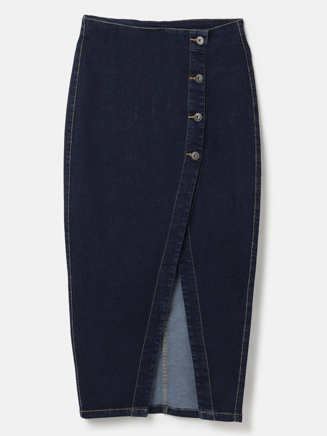 Dark Blue Front Slit Midi Denim Skirt