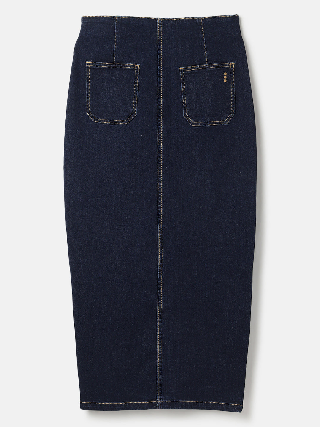 Dark Blue Front Slit Midi Denim Skirt