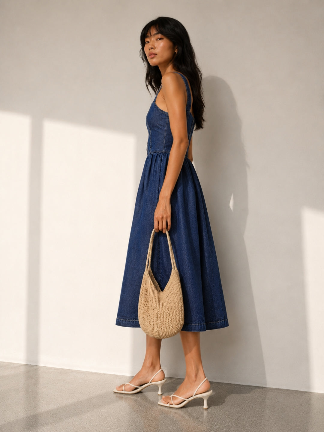 Dark Blue Corset Fit Denim Maxi Dress