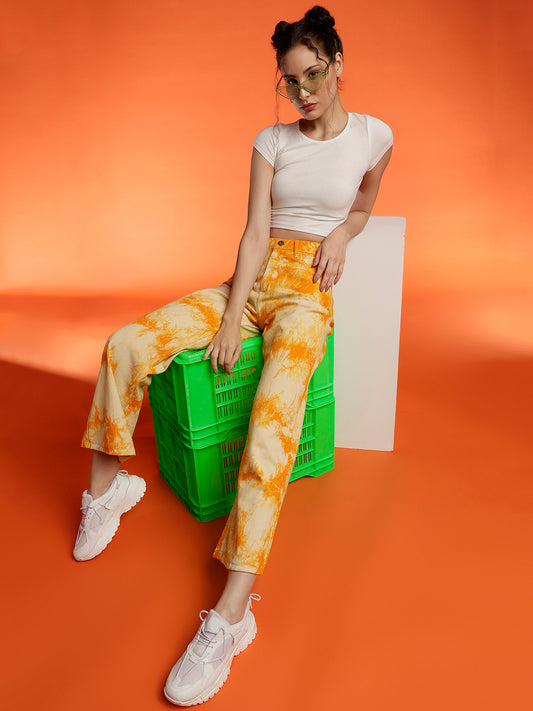 Yellow Tie & Dye Flared Fit Denim Jeans