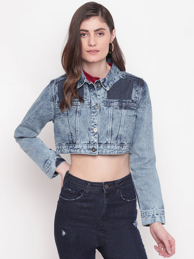 Women Mid Blue Cropped Patched Denim Jacket