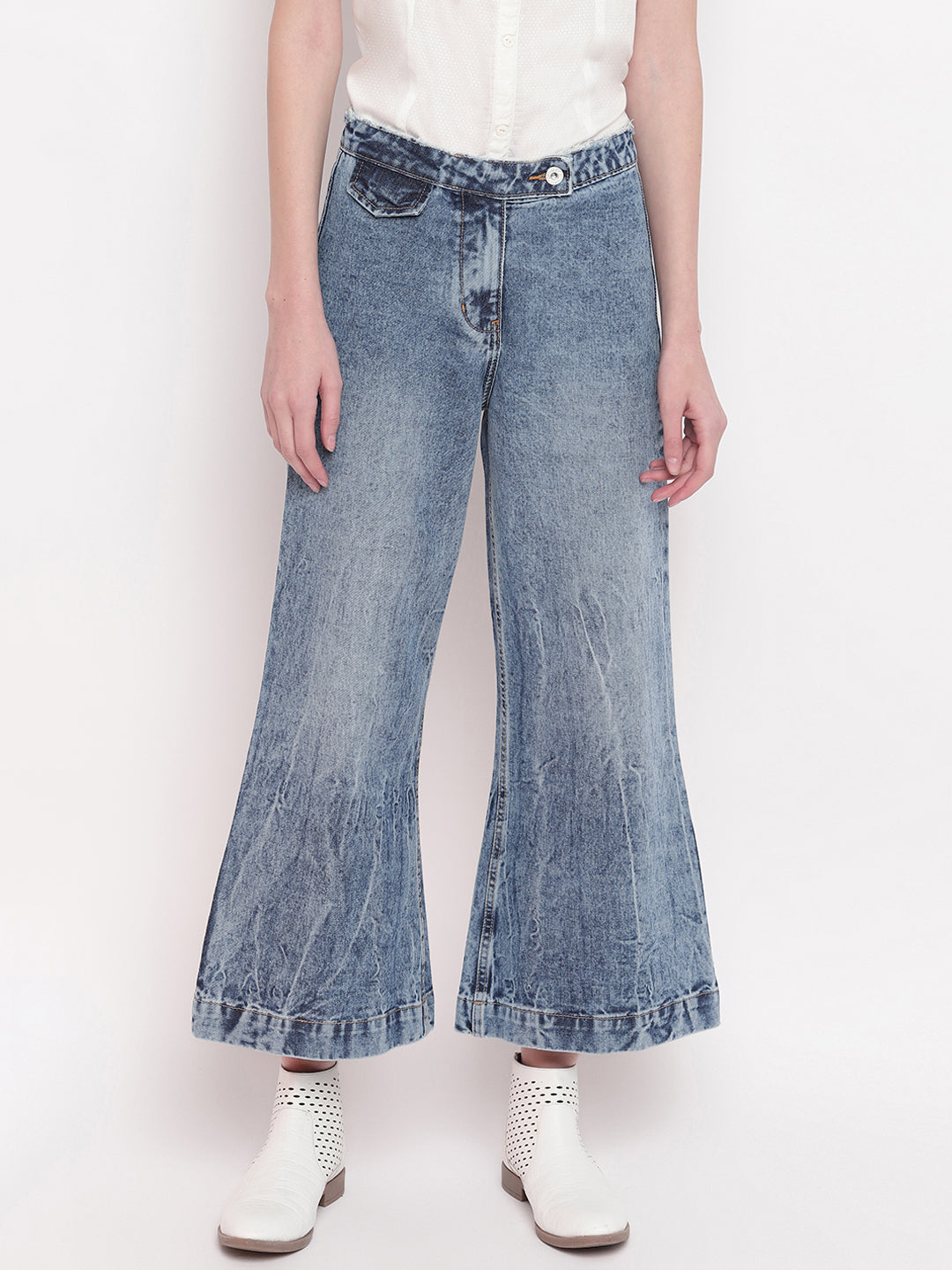 Women Mid-Blue Cropped High Waist Flared Denim Jeans