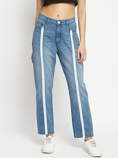 Women High Waist Tape Detail Mid Blue Mom Fit Denim Jeans