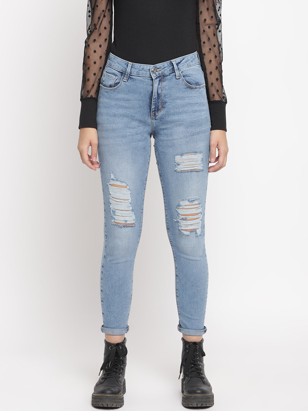 Women Mid Waist Mid Blue Distressed Slim Fit Denim Jeans