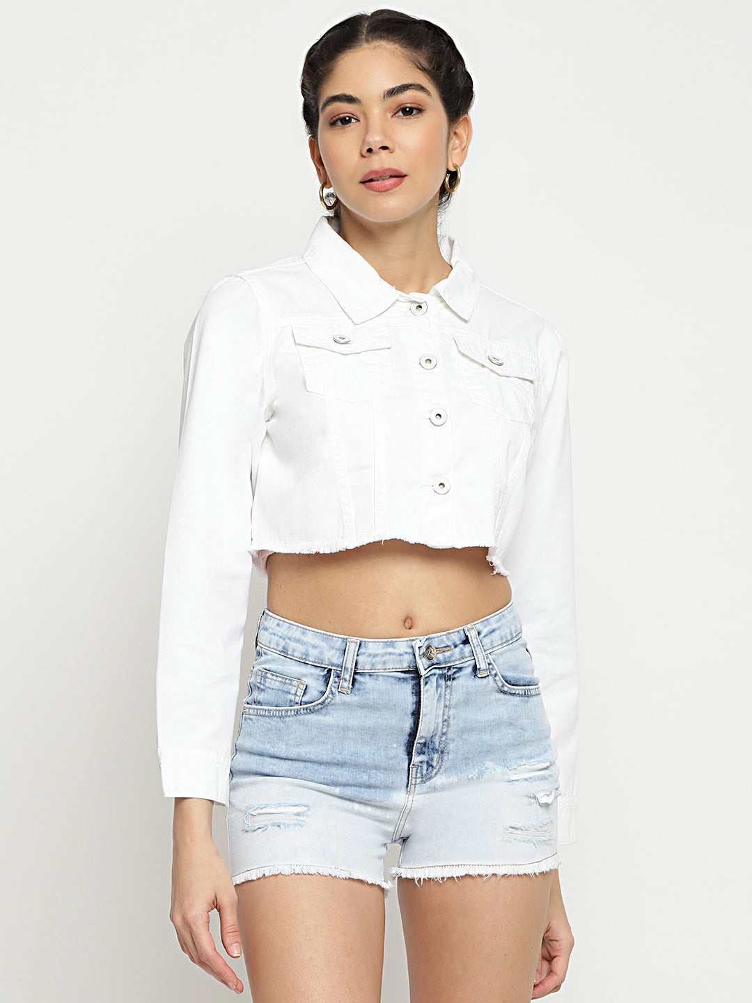 Women White Cropped Denim Jacket With Frey Hem