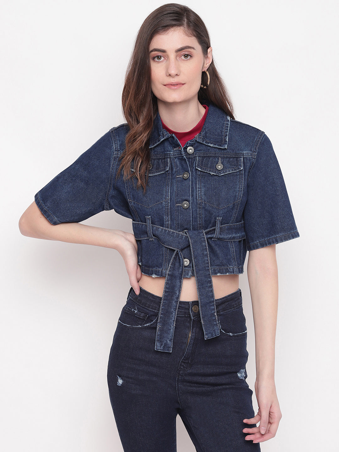 Women Dark Blue Cropped Denim Jacket With Belt