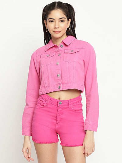 Women Hot Pink Cropped Denim Jacket